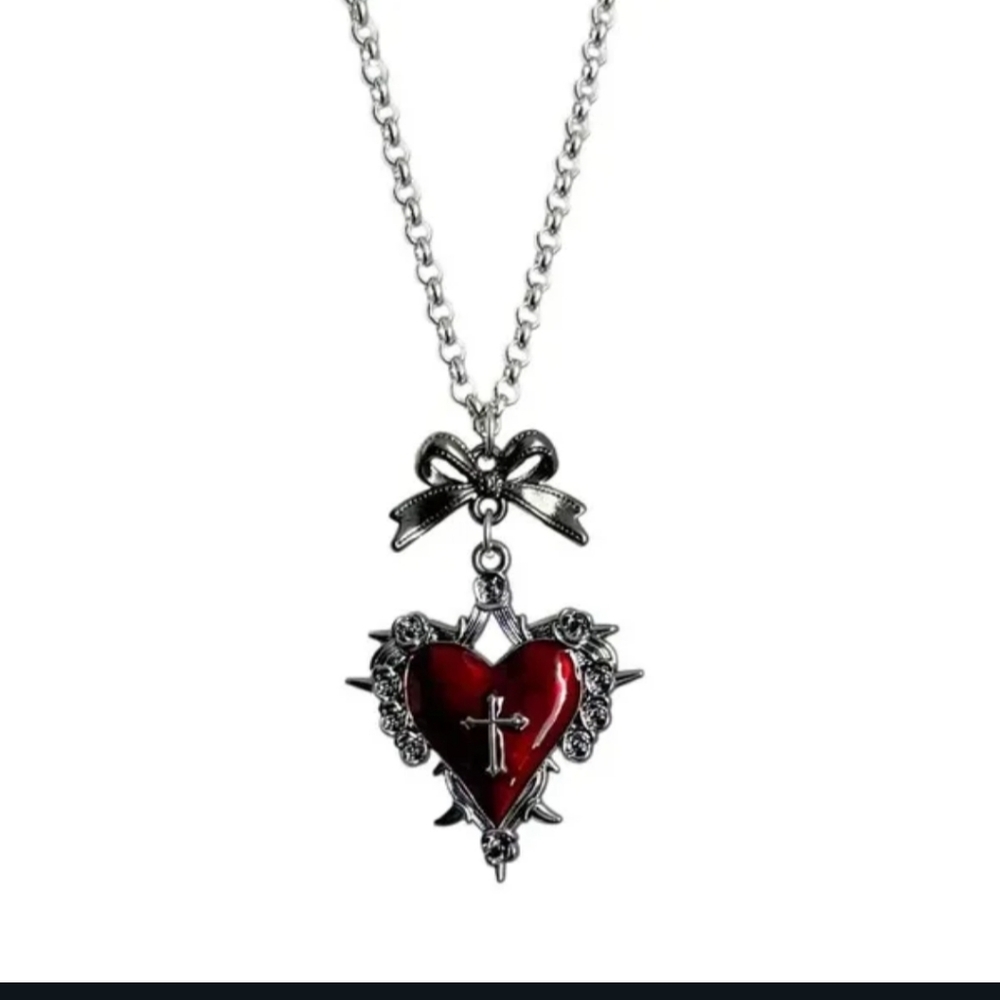 NWT Goth Blood Red Heart With Silver Cross Necklace!